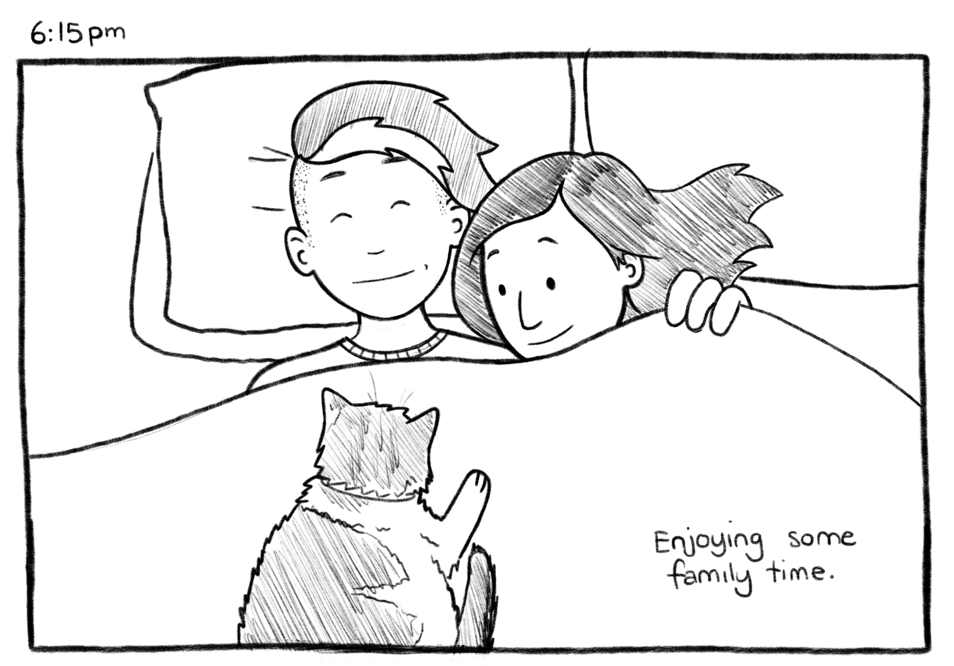 6:15pm; Panel 1: Jelly and Mel are cuddling in bed, with Turbo laying on Jelly's stomach. Jelly V.O.: Enjoying some family time.