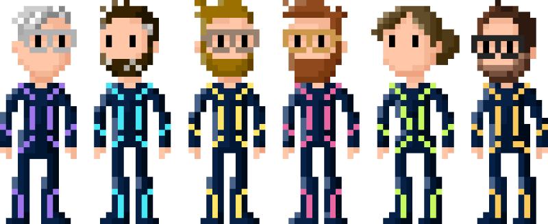 Jason, Casey, Stephen, Myke, Kathy and Brad, suited up for the plethora of games on the Grid. Each character has a theme colour: purple for Jason, blue for Casey, yellow for Stephen, red for Myke, green for Kathy, and orange for Brad.