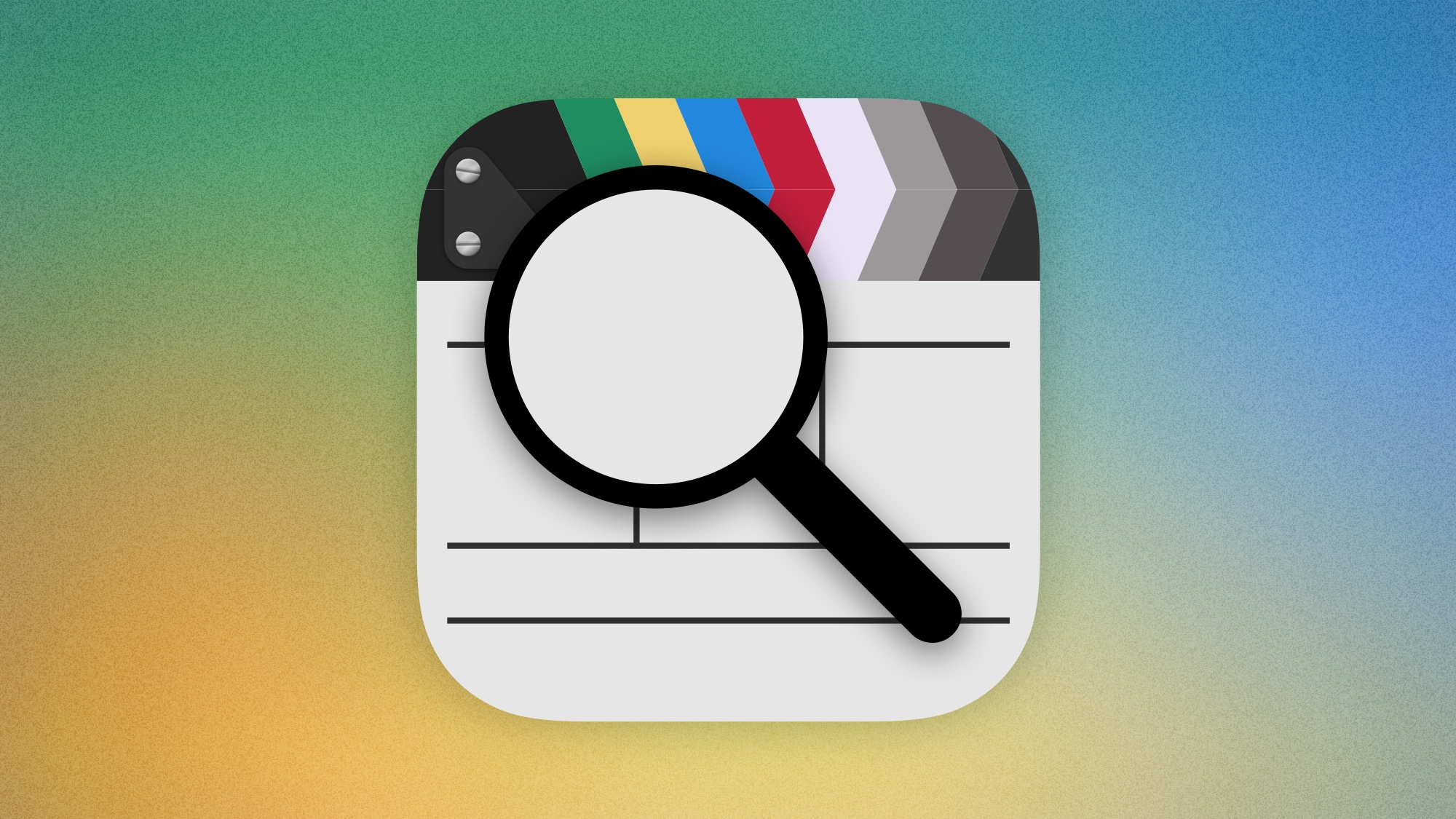 An unfinished app icon centred over a colourful background. It depicts a film slate with the clapper stick closed. A magnifying glass hovers above the slate in the centre of the icon, with a flat grey colour in its lens.