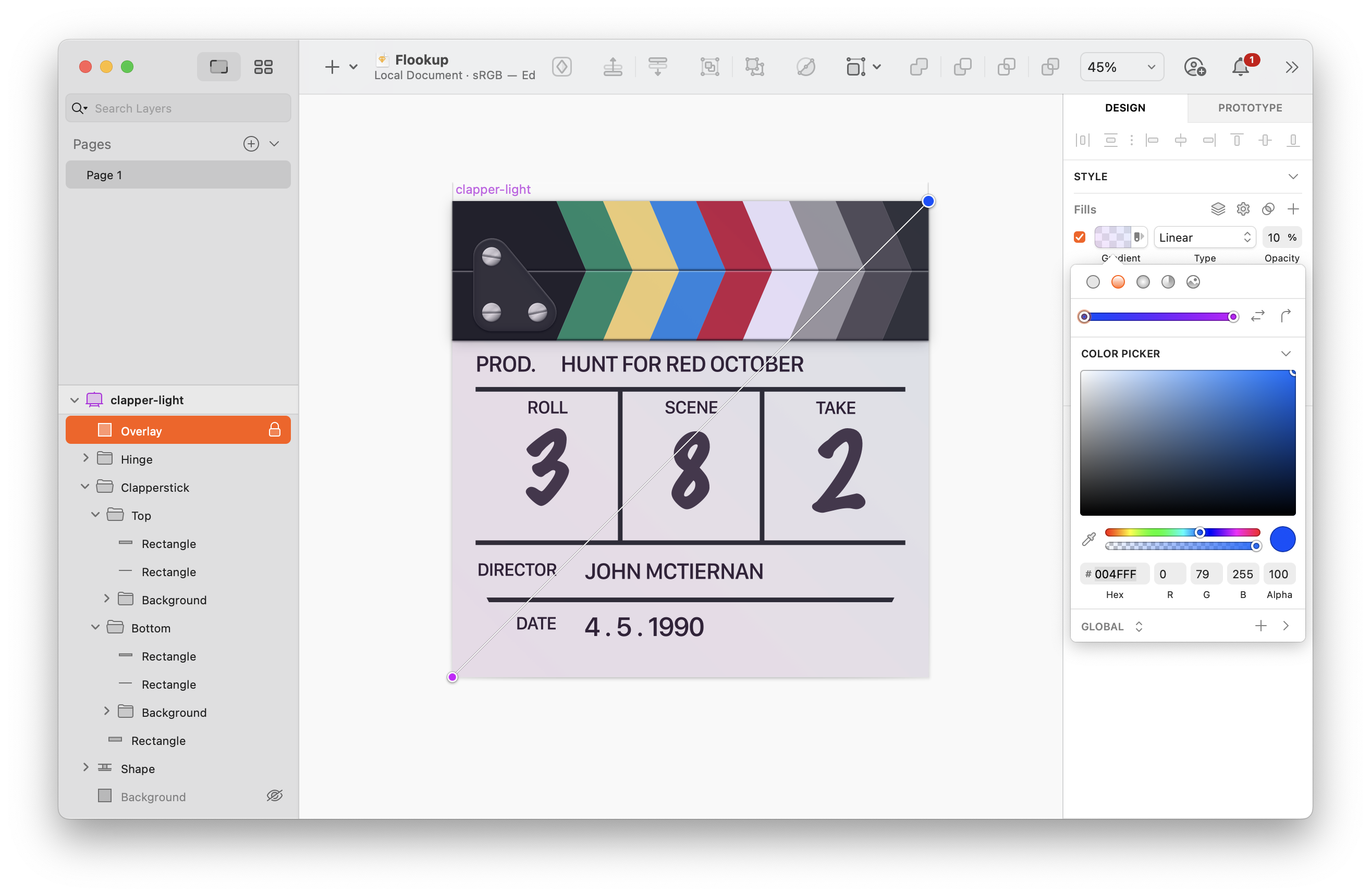 A screenshot of Sketch with the icon's slate in the work area. The "Overlay" layer is selected, and the gradient is being edited, showing the path it takes from purple in the bottom left to blue in the top right.