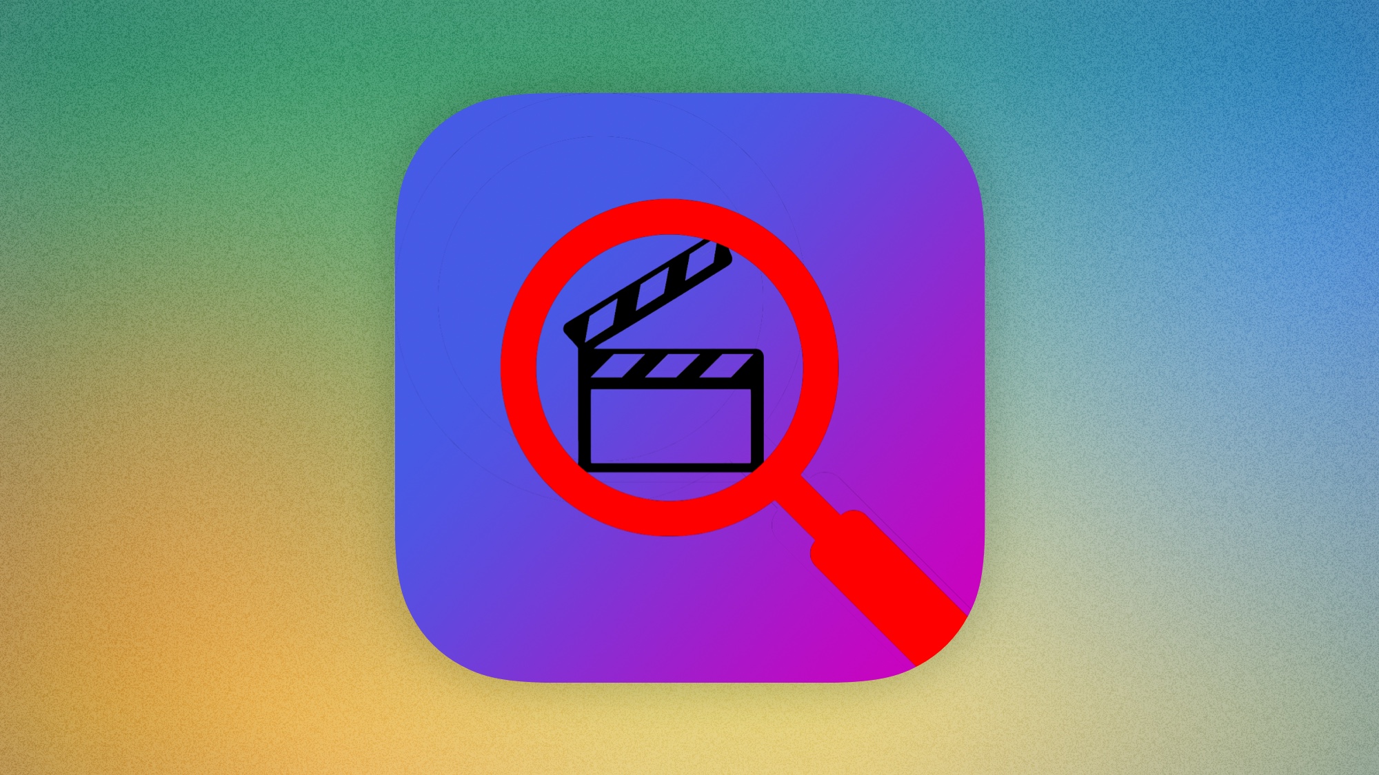 An app icon centred over a colourful background. It depicts a red magnifying glass with a depiction of a film slate showing in the lens. The clapper stick is open. The background of the icon is a gradient from blue in the top left corner to purple in the bottom right.