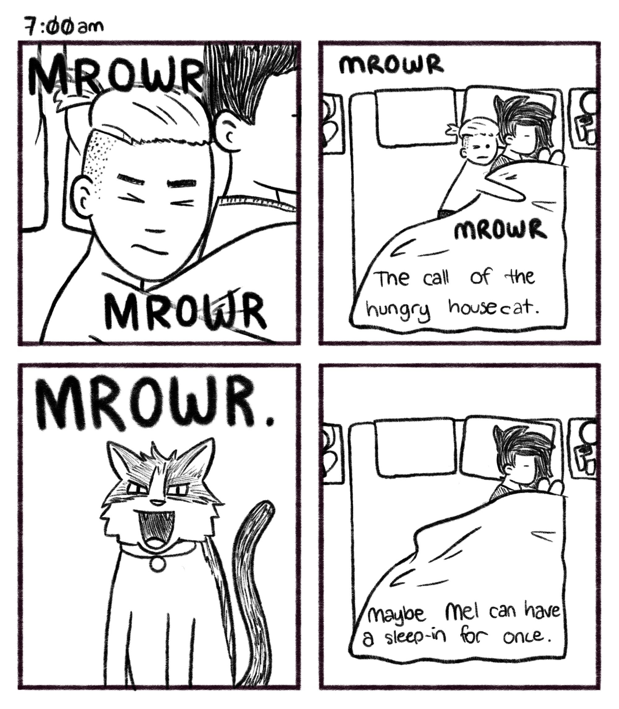 7:00am; Panel 1: Close up of Jelly, just waking up. Turbo V.O.: MROWR. MROWR. Panel 2: Jelly has rolled all the way over into Mel's side of the bed for cuddles. Turbo V.O.: MROWR. MROWR.  Jelly V.O.: The call of the hungry house cat. Panel 3: A very angry cat (Turbo). Turbo: MROWR. Panel 4: Mel has left the bed, and Jelly is now laying on his back in the centre. Jelly V.O.: Maybe Mel can have a sleep-in for once.