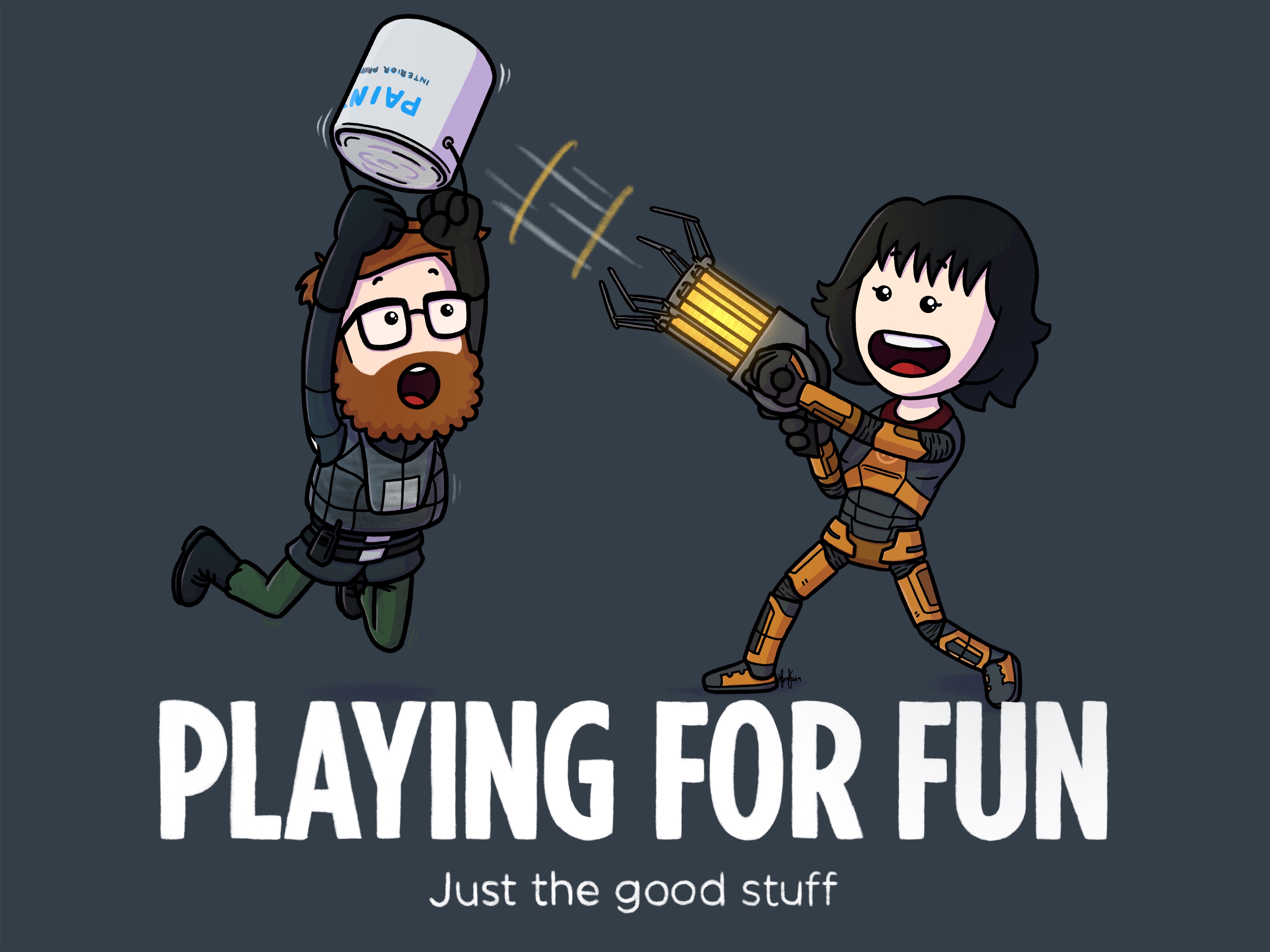 A fun cartoon scene inspired by Half-Life 2. One character flies into the air while holding a paint can, and the other gleefully wields a gravity gun. The environment suggests chaos and teamwork. The tagline reads 'Playing for Fun – Just the good stuff.'